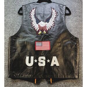 Interstate Leather USA Eagle Flag‎ Black Genuine Leather Motorcycle Vest Men M